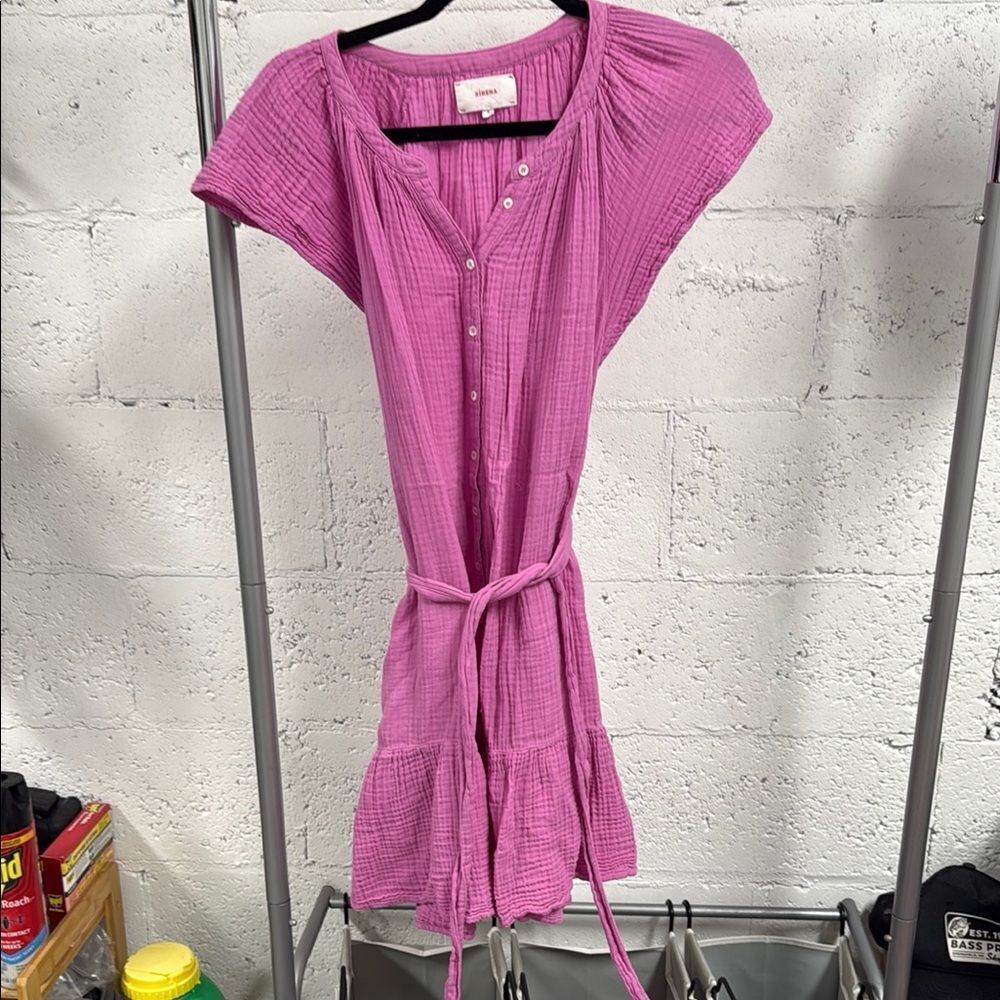 XiRENA Pink Tie Front Sundress with Cap Sleeves Button Down - Medium LIKE NEW